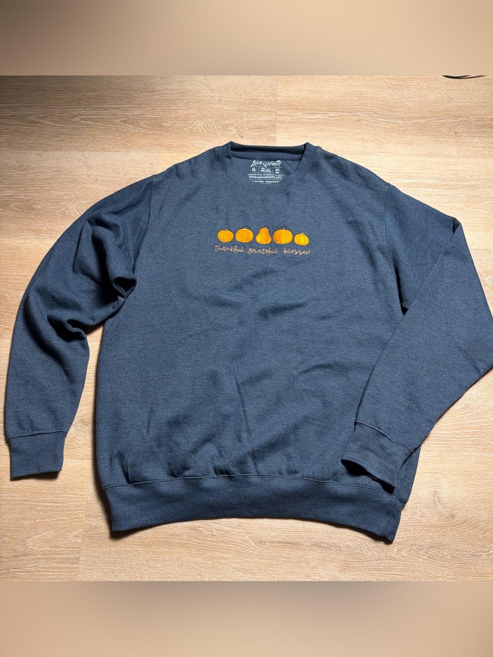 Love in Faith Blue Fall Pumpkin Sweatshirt Pullover Crew Neck 60/40 Cotton-Poly
